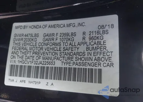 2018 Honda Accord Sport z USA, uszkodzony, nr VIN 1HGCV1F32JA225653